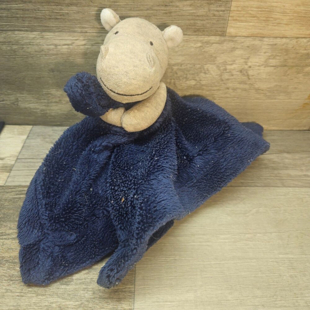 Hippo Carter's Lovey Security Blanket Rattle Head Hugger Navy Blue Gray Satin